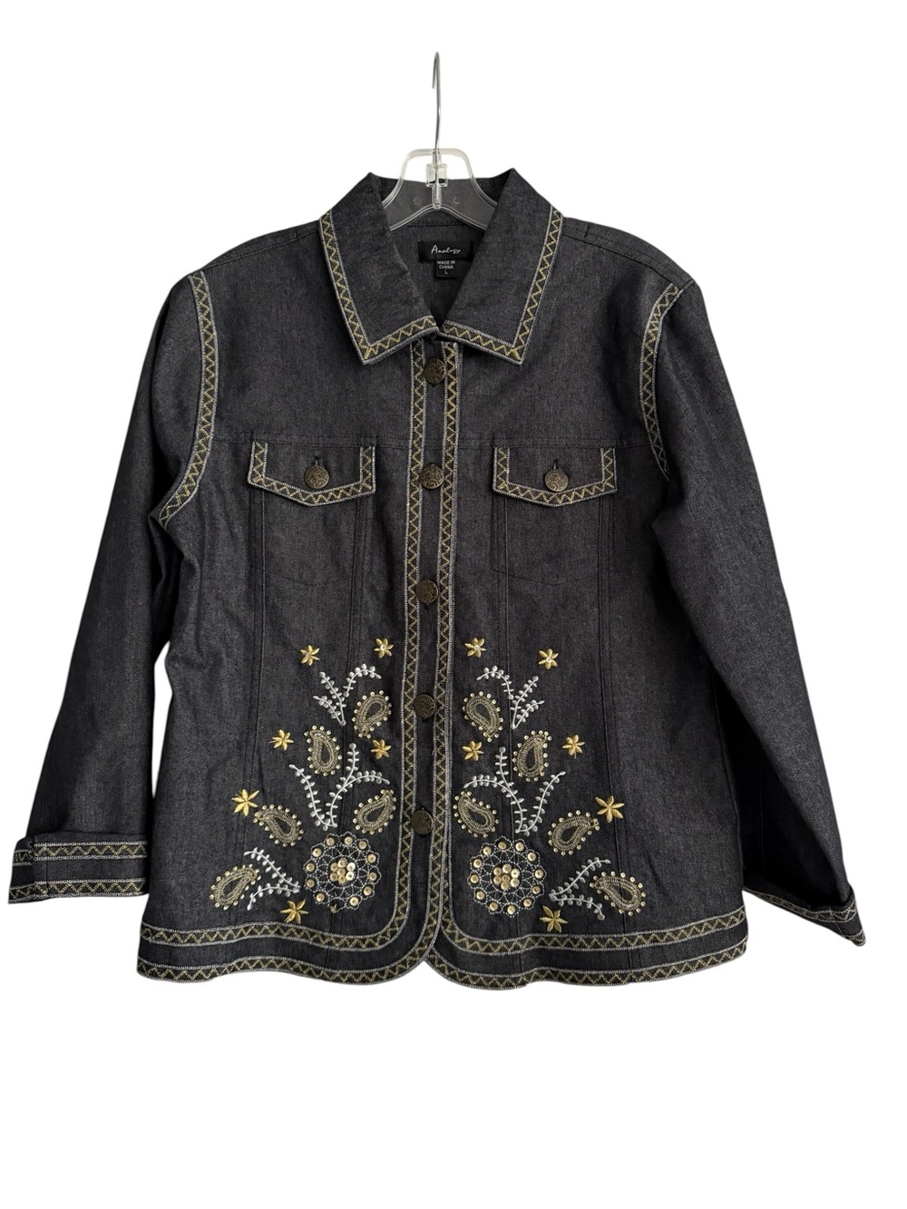 Analogy Embroidered Denim Jacket L Sequin Paisley Floral Boho Statement